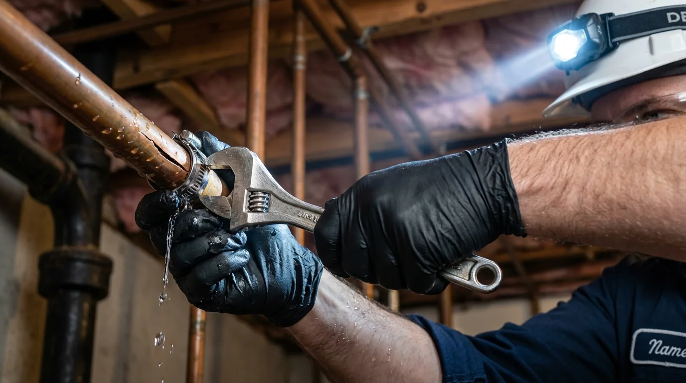 Emergency pipe clamp repair being performed by a Johns Plumbing LLC plumber in Hinesville