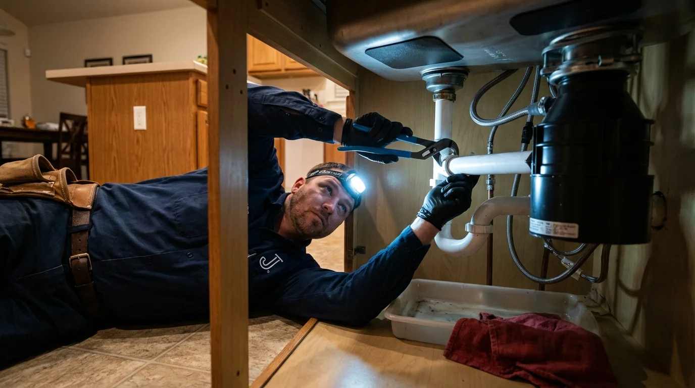 P-trap and supply line connections under a kitchen sink showing a common leak point in Hinesville, GA